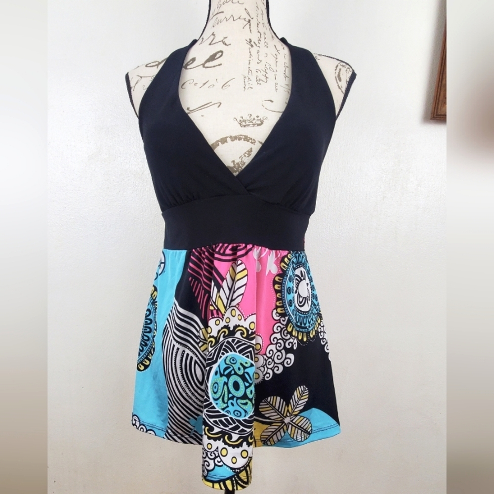 Varga VTG Colorful Halter Top Paisley Floral Print Y2K Retro Boho Chic Size M
